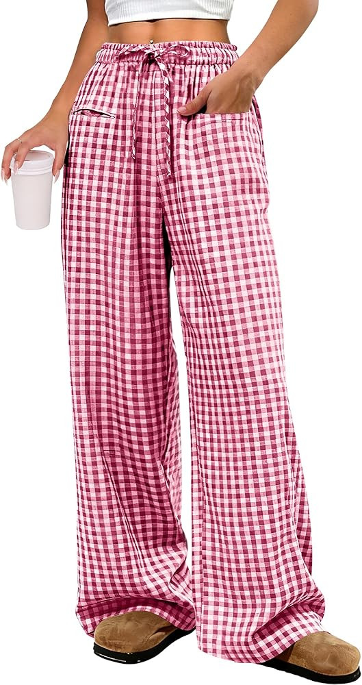 ANRABESS Womens Striped Gingham Pants 2026 Pajama Drawstring Wide Leg Lounge Plaid Pants Cute Cas... | Amazon (US)