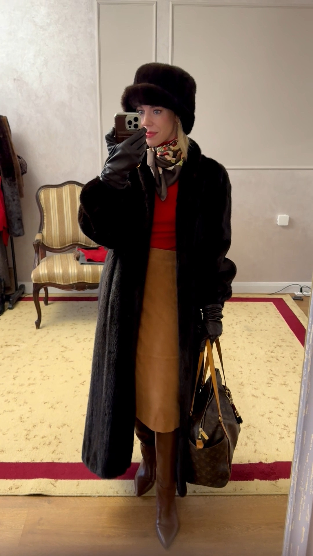 Winter workwear look, fur bucket hat, vintage fur coat, suede skirt, silk scarf outfit, red sweater, Paris Texas chocolate brown kitten heel boots

#LTKOver40 #LTKootd #LTKWorkwear