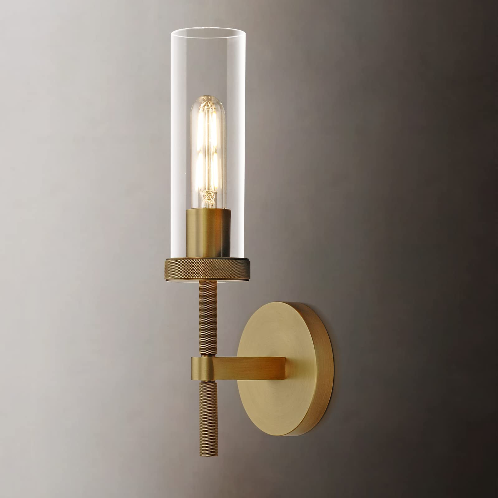 Knurled Brass Wall Sconces Indoors, Glass Tube Sconces Wall Lighting 14", Gold Bathroom Vanity Wa... | Amazon (US)