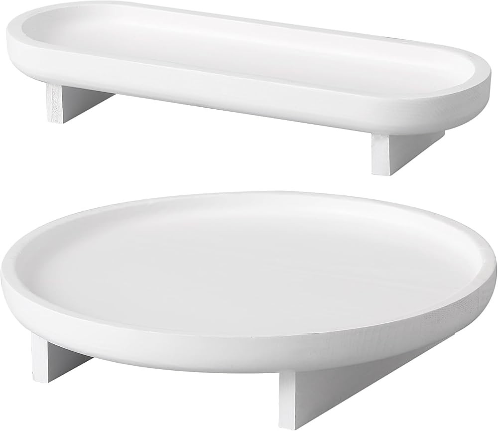 White Decorative Tray, 2 Pcs Round Wood Tray, White Trays for Coffee Table, Bathroom Vanity Tray,... | Amazon (US)