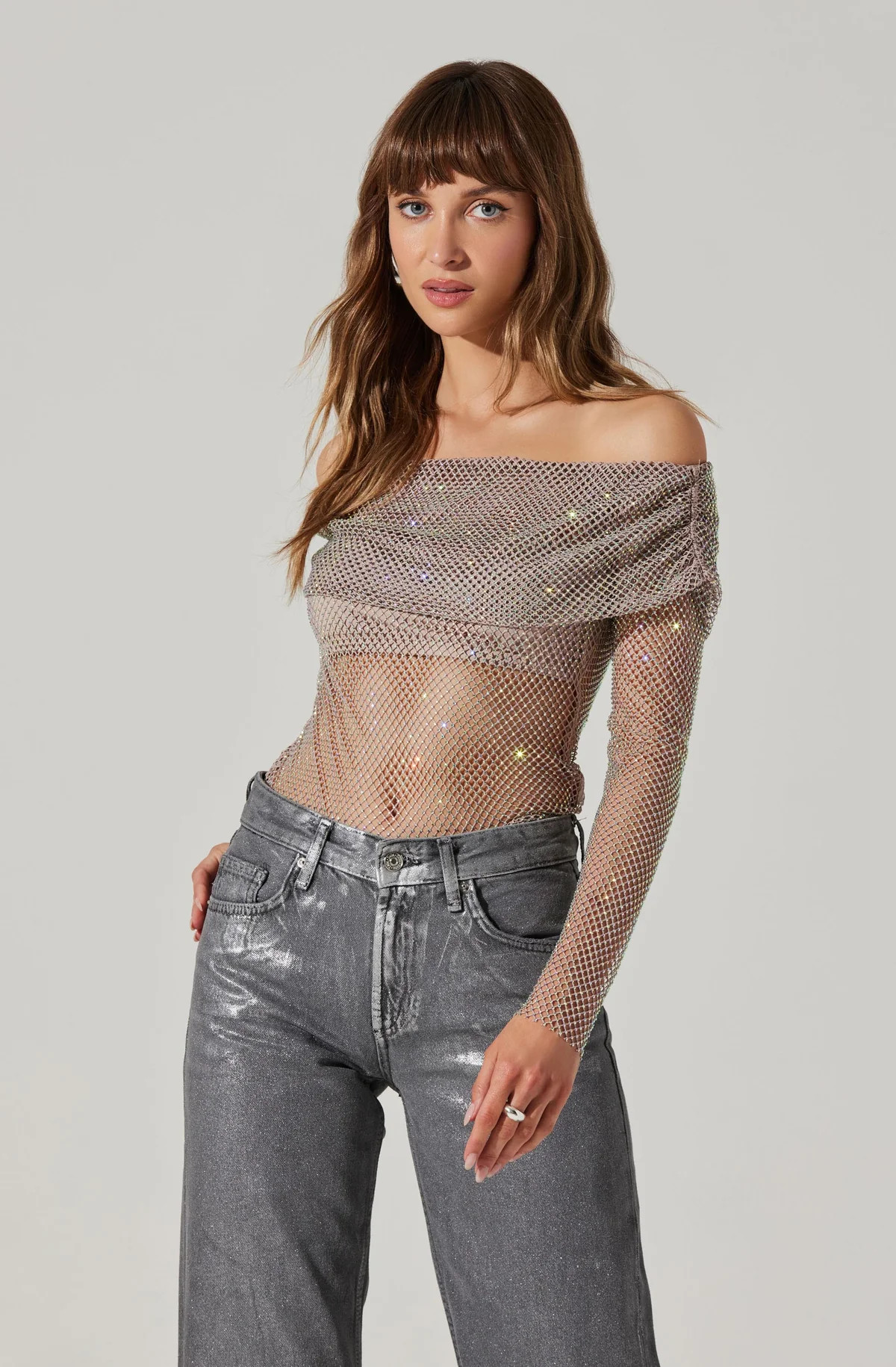 Diamante Rhinestone Mesh Off Shoulder Top | ASTR The Label (US)