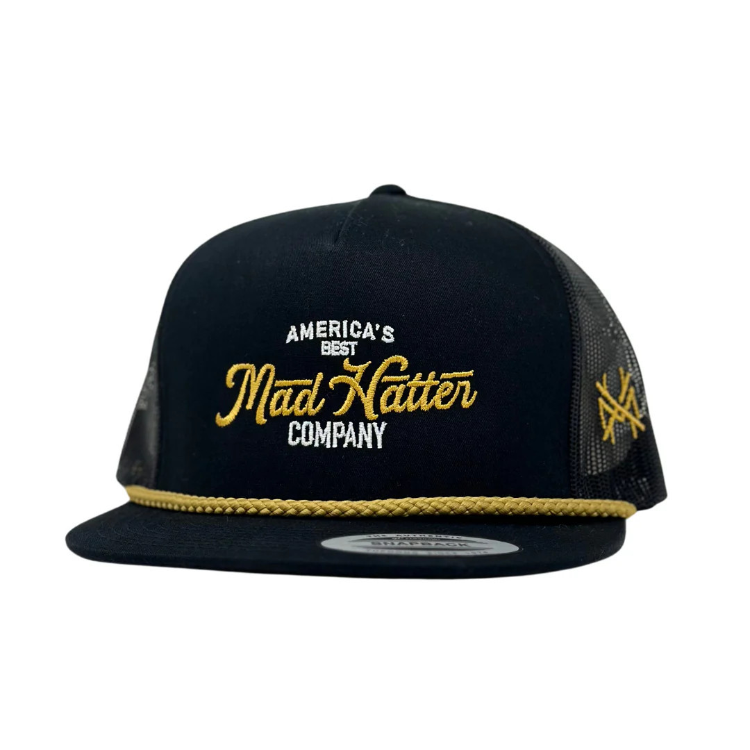CS America's Best Mad Hatter Company Trucker Hat Black with Gold Rope 6006 Yupoong | The Mad Hatter Company