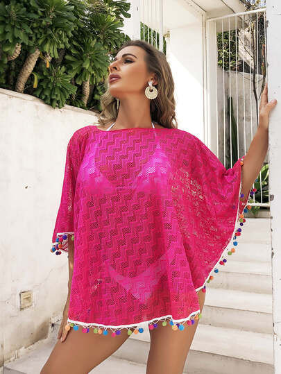 Pom Pom Trim Sheer Cover Up | SHEIN