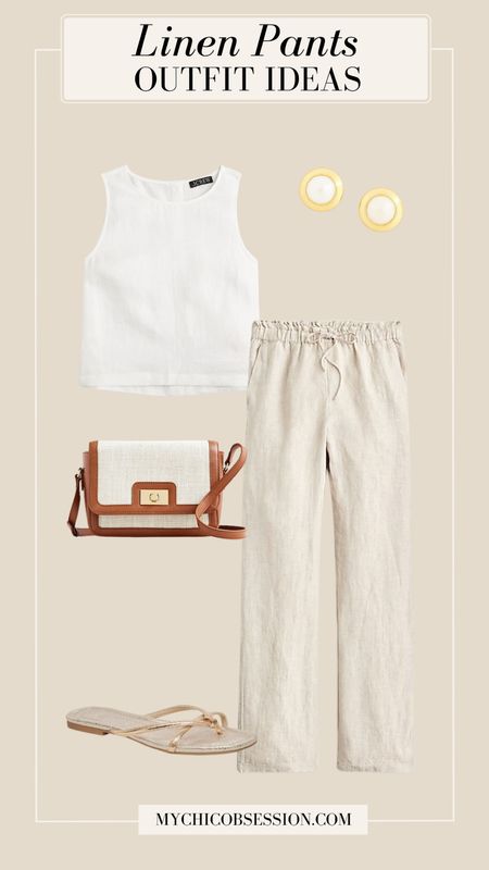 Create a chic neutral summer outfit with light linen pants from J.Crew, a white tank top, a leather and canvas bag, domed pearl earrings, and sandals.

#LTKStyleTip #LTKSeasonal