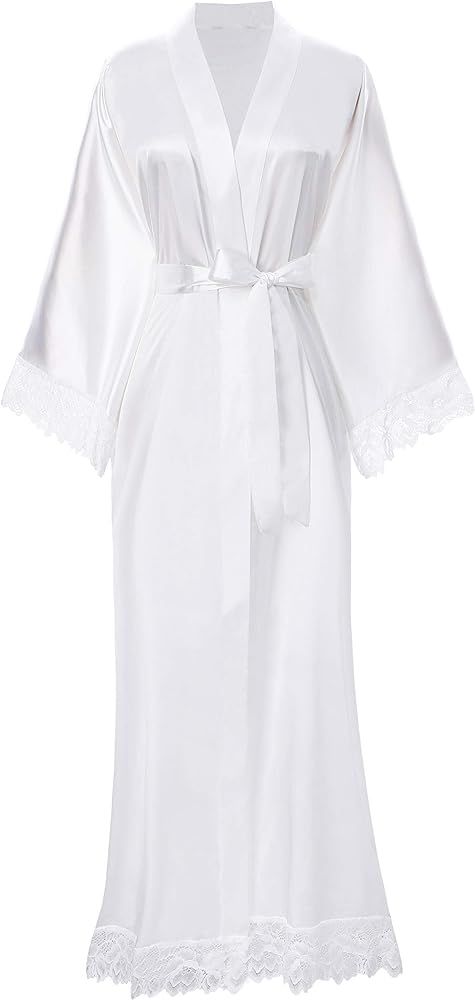 Satin Kimono Robe Long Bridesmaid Wedding Bath Robe with Lace Trim | Amazon (US)