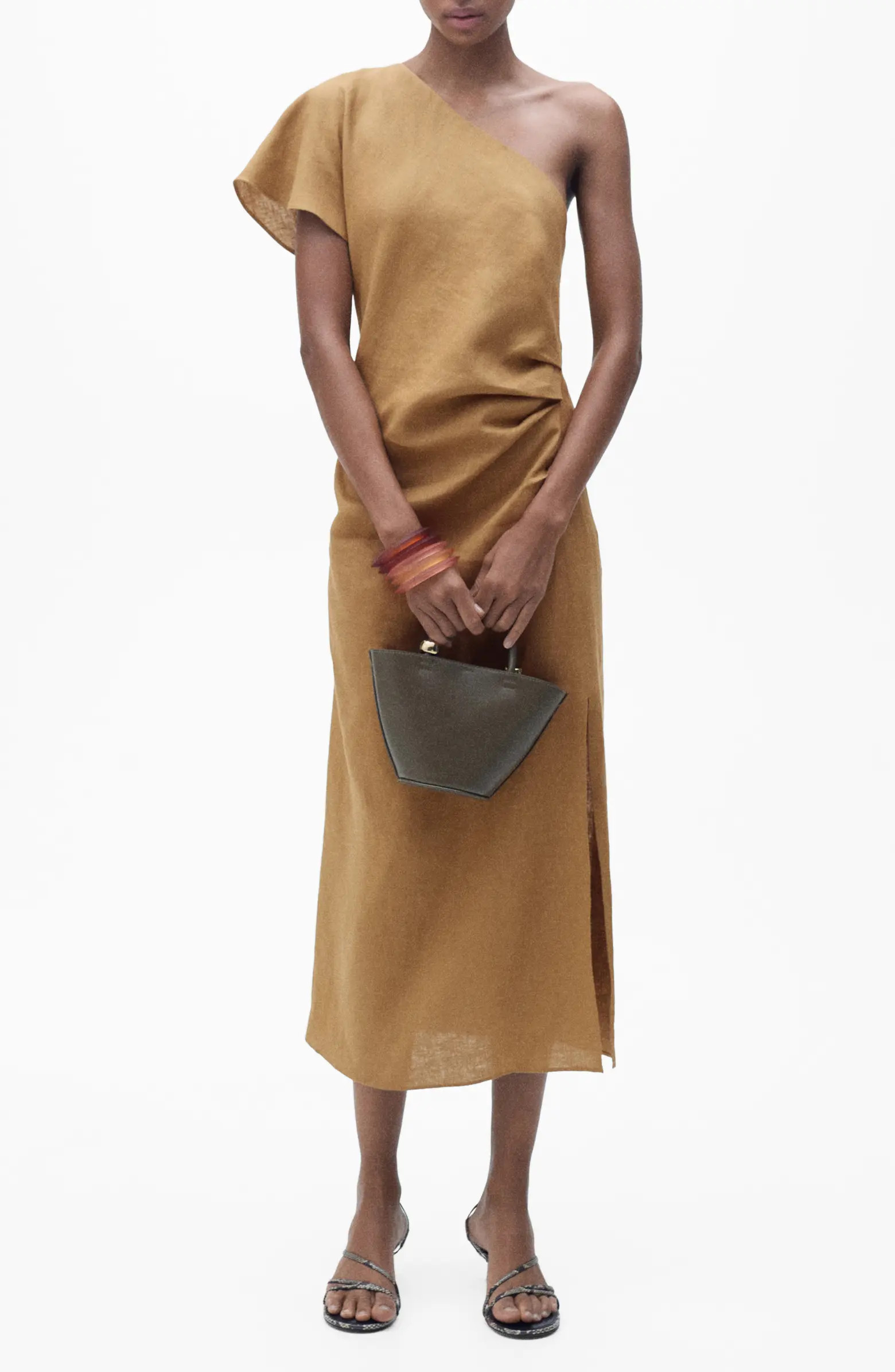 MANGO One-Shoulder Linen Midi Dress | Nordstrom | Nordstrom