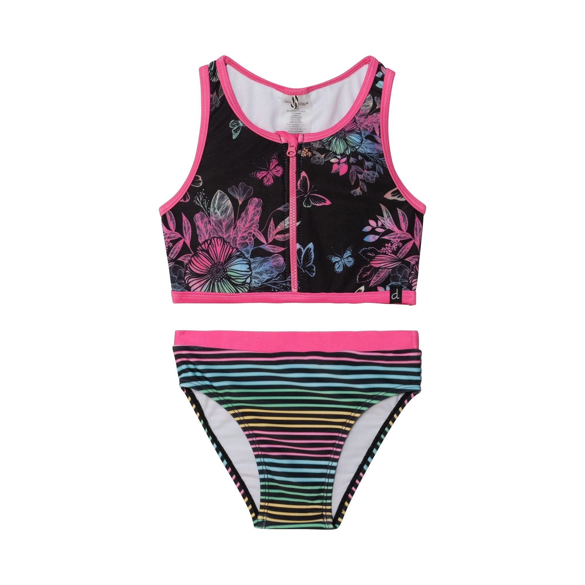 Printed Two Piece Swimsuit Black Butterflies & Multicolor Stripes | Deux par Deux Childrens Designer Clothing