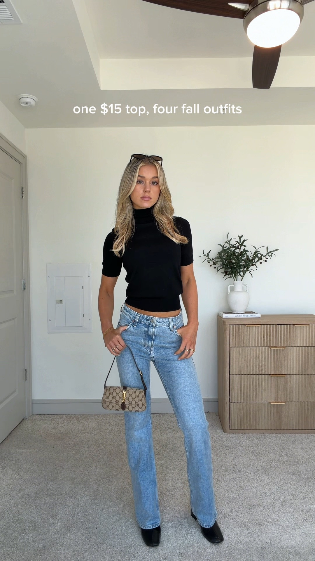 one $15 top, four fall outfits 🤎 white midi skirt and tan trousers are Kookai 🫶🏼