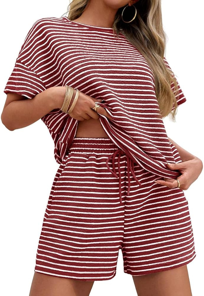 Tankaneo Womens Pajama Sets Striped 2 Piece Lounge Sets Short Sleeve Oversized T Shirts Drawstrin... | Amazon (US)