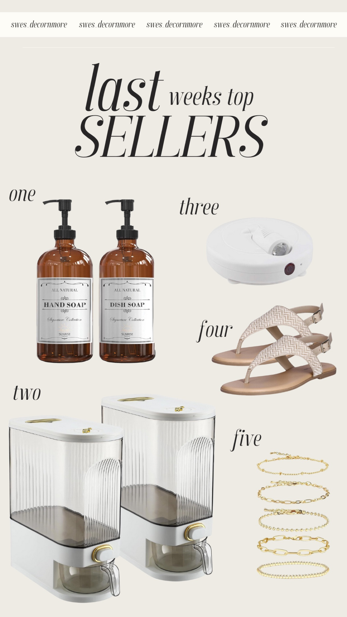Last weeks top sellers! These thick amber glass bottles are perfect for your products and they come with labels, I love these food storage containers for rice! This remote controlled light is great to light up a decor plant or maybe a favorite peice of artwork, I love these summer sandals and they could be worn with shorts or a dress! These gold bracelets are perfect accessories to add a little extra to any outfit! 

#LTKBeauty #LTKShoeCrush #LTKHome