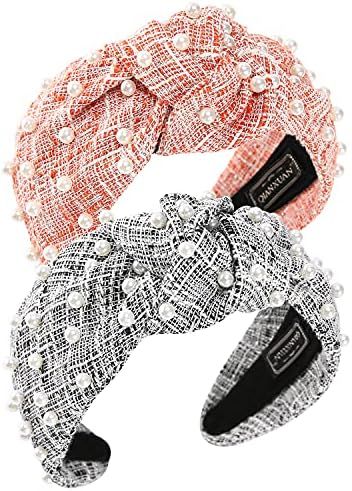 Wide Hair Bands For Women Fashion White Pearl Headbands For Women Top Knot Headband For Girl (2ps... | Amazon (US)