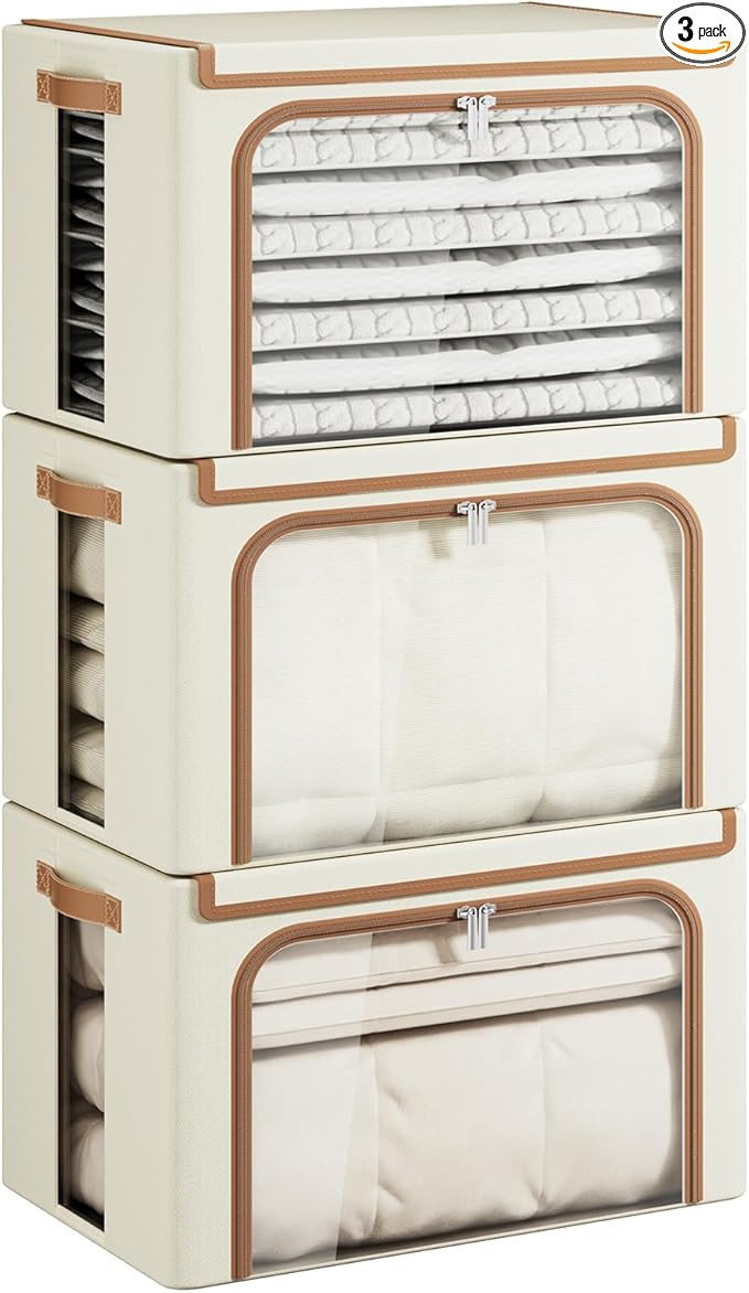 Yecaye Clothes Storage Bins with Metal Frame, Foldable Clothing Storage Bin with Lid, Stackable O... | Amazon (US)