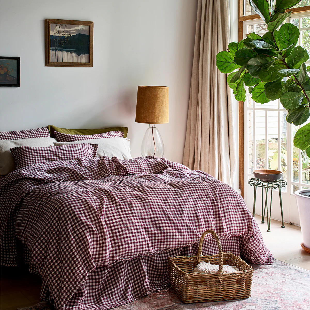 Berry Gingham Linen Blend Duvet Cover | Piglet