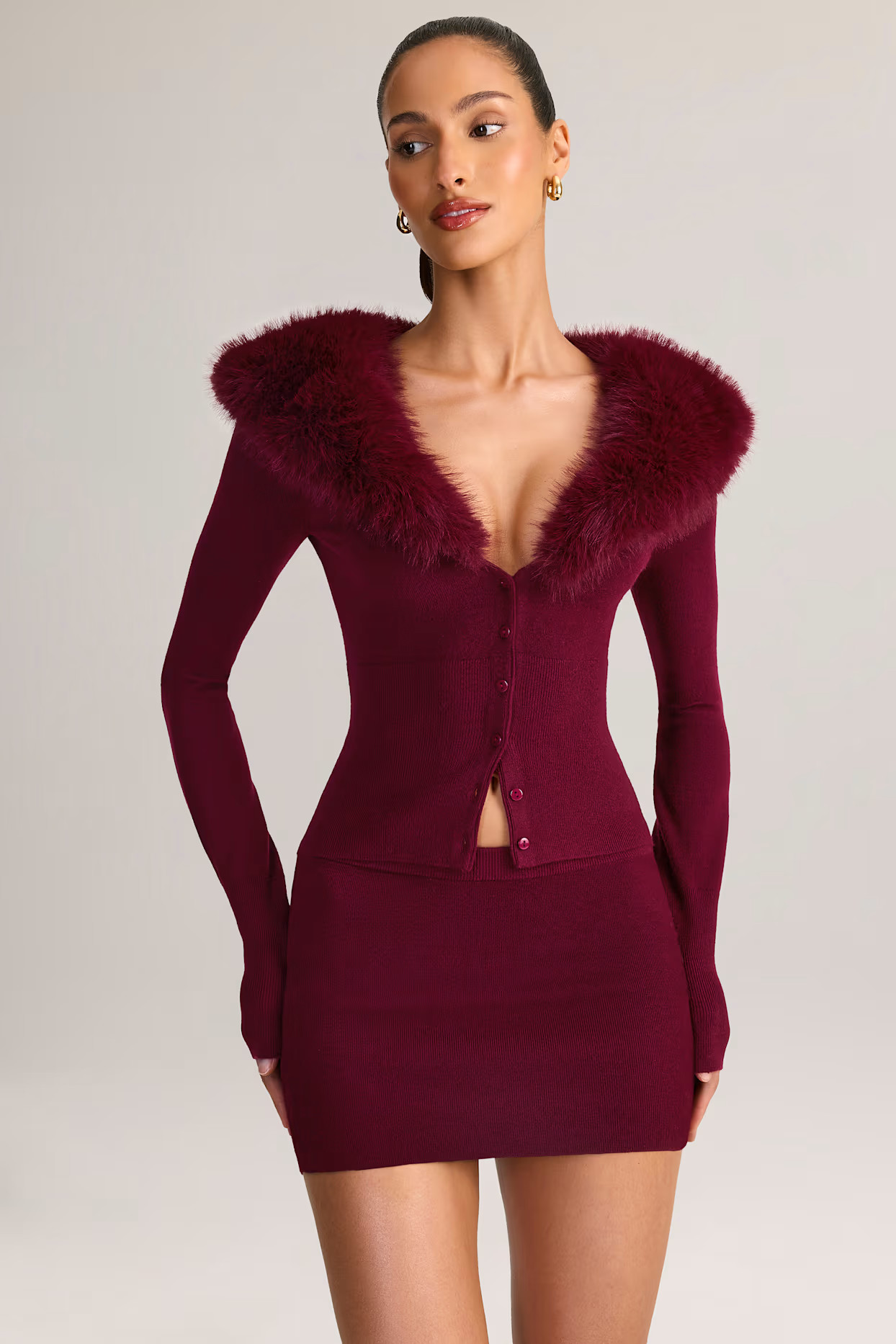 Knit Faux Fur-Trim Cardigan in Wine | Oh Polly