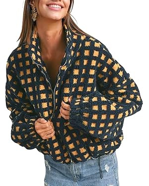Fleece Jacket Women Lightweight Checkered Loose Quilted Long Sleeve Zip Up Puffer Coat Cardigan W... | Amazon (US)
