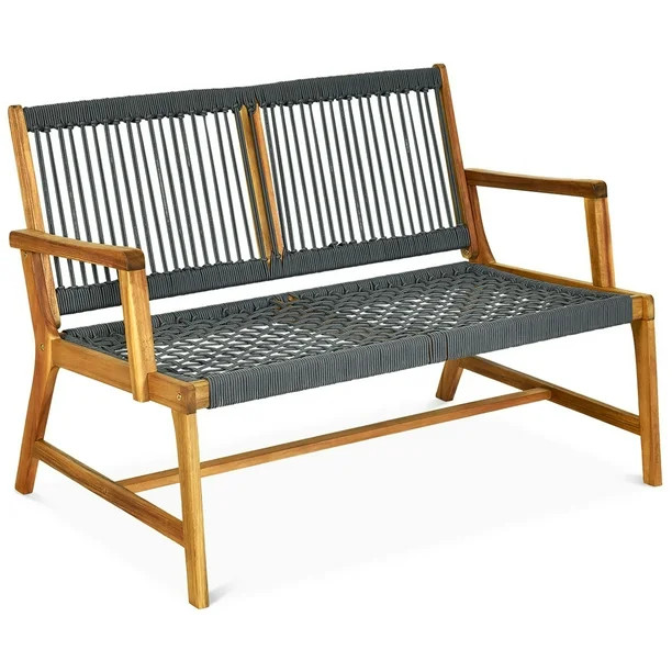Topbuy 2-Person Outdoor Acacia Wood Bench Patio Loveseat Rope Bench Grey | Walmart (US)