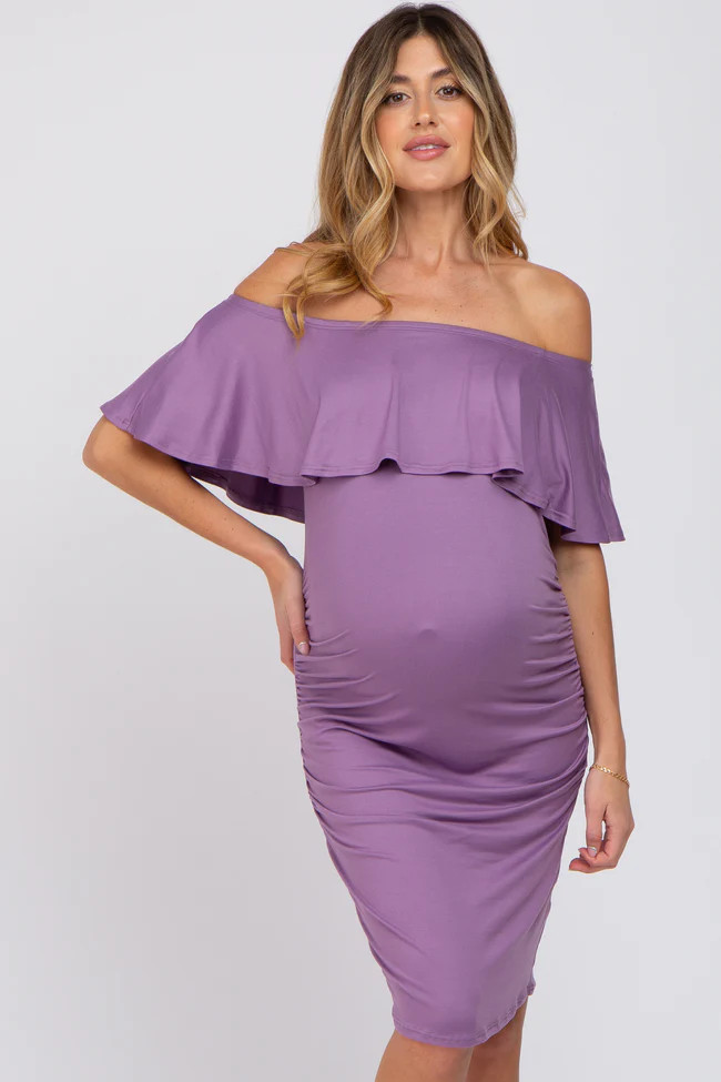 Lavender Off Shoulder Fitted Maternity Dress | PinkBlush Maternity