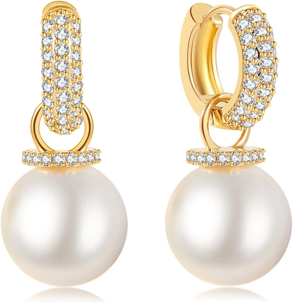 Julylotus 14K Gold Convertible Pearl Earrings for Women, Lightweight White Shell Pearl Drop Earri... | Amazon (US)