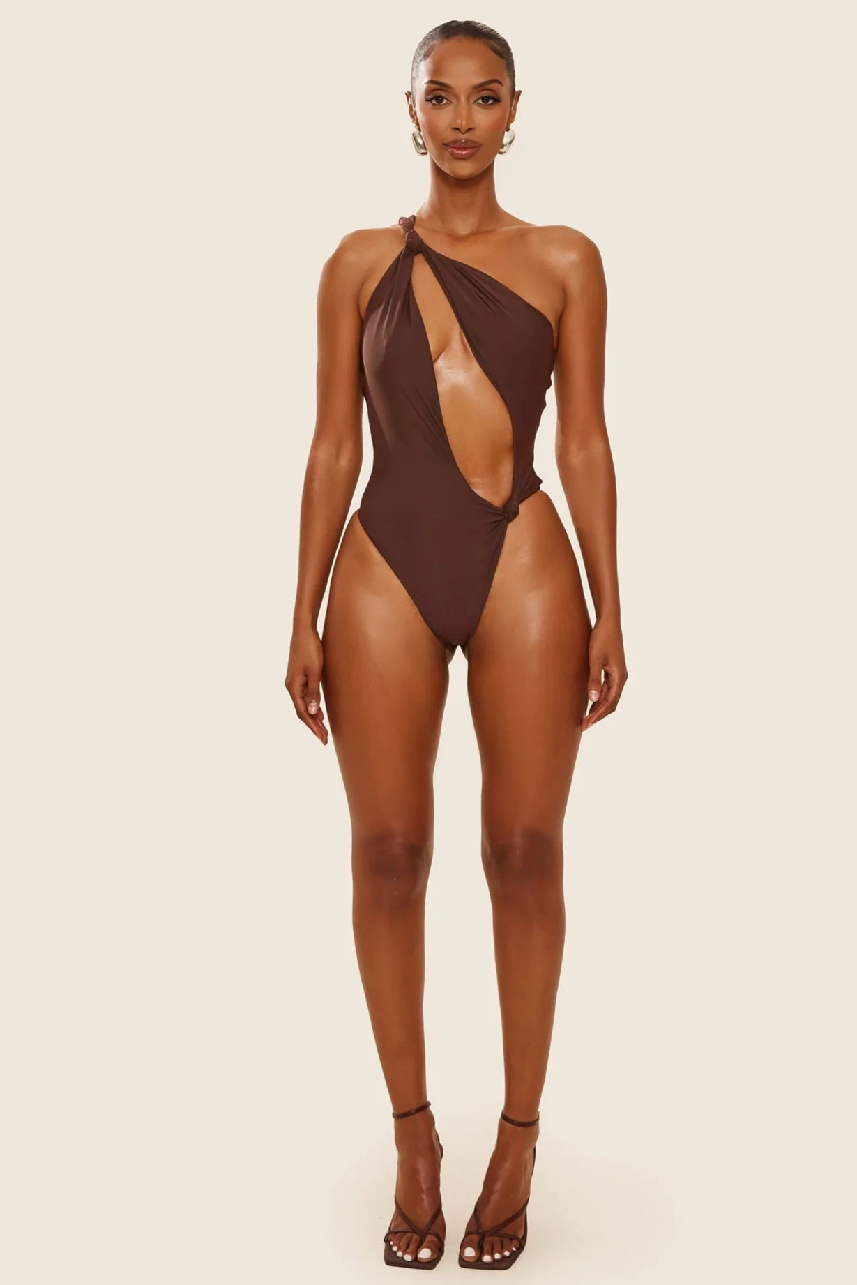 The Asymmetric Knot Detail Swimsuit in Brown | Mars The Label