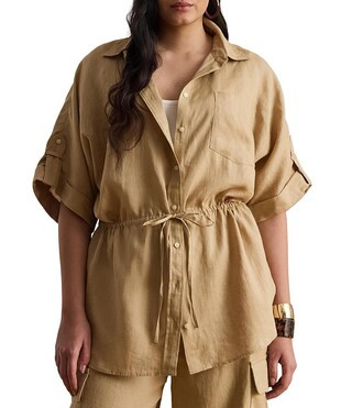 Plus Size Point Collar Short Roll-Tab Sleeve Drawcord Waist Linen Shirt | Dillard's