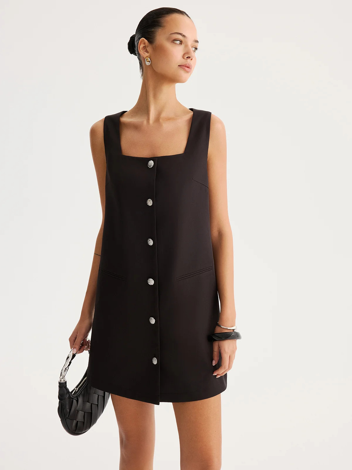 Sleeveless Square Neck Button Mini Dress | Commense