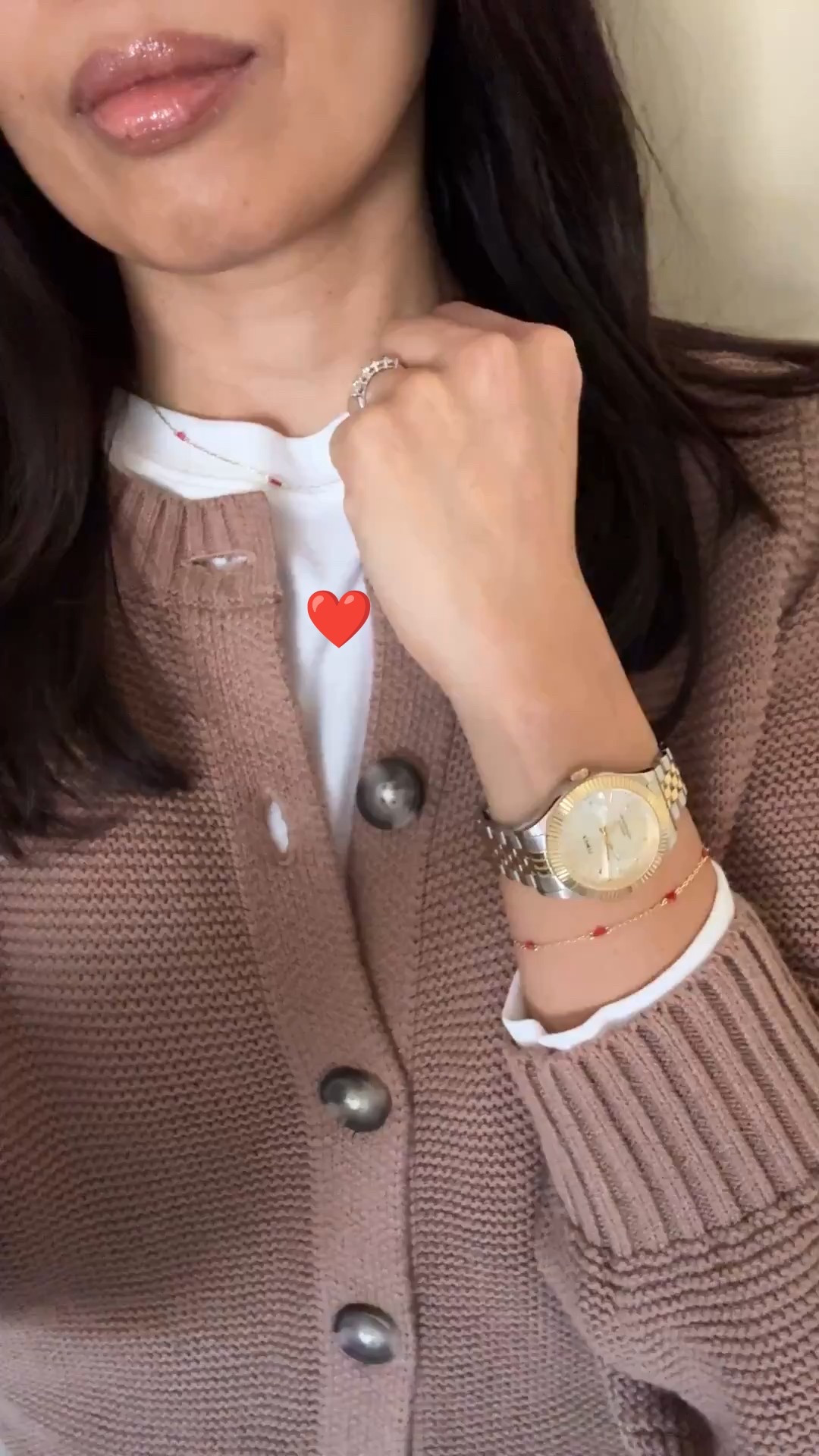 Delicate heart bracelet. Heart jewelry. I also have and love the matching necklace. I wore them both a lot last year too. Good quality. Comes in gold and silver also. 

Everyday Layered Look. 
- Cotton long sleeve t-shirt
- All cotton textured cardigan with a blousy feel. Can also be worn alone and dressed up. This exact sweater cardigan can be worn year round. Currently on sale for $25. I sized up to have room to layer. 
- Straight leg jeans with a 90s vibe in good true denim all cotton material. 
- Slim profile sneakers. 
- Delicate bracelet and necklace with the cutest little red hearts. Also comes in gold and silver. 
- Quilted jacket is warmer than it seems and is the perfect outer layer for a layered look. Also comes in a new hooded version too. 
- Suede handbag with nice longer straps that is as easy to carry as my beloved crossbody favorites. 
- Favorite lip combo that’s clean beauty too. Moisturizing and feels weightless on my lips. I have a variety of neutral colors from over the years. This newest combo gives the perfect brighter nude color to my dark lips. Lipstick: Ginger. Lip oil: Biarritz. 
- My new favorite fragrance. Clean, musky, feminine, warm, and relaxing. I love it!



#LTKOver40 #LTKootd