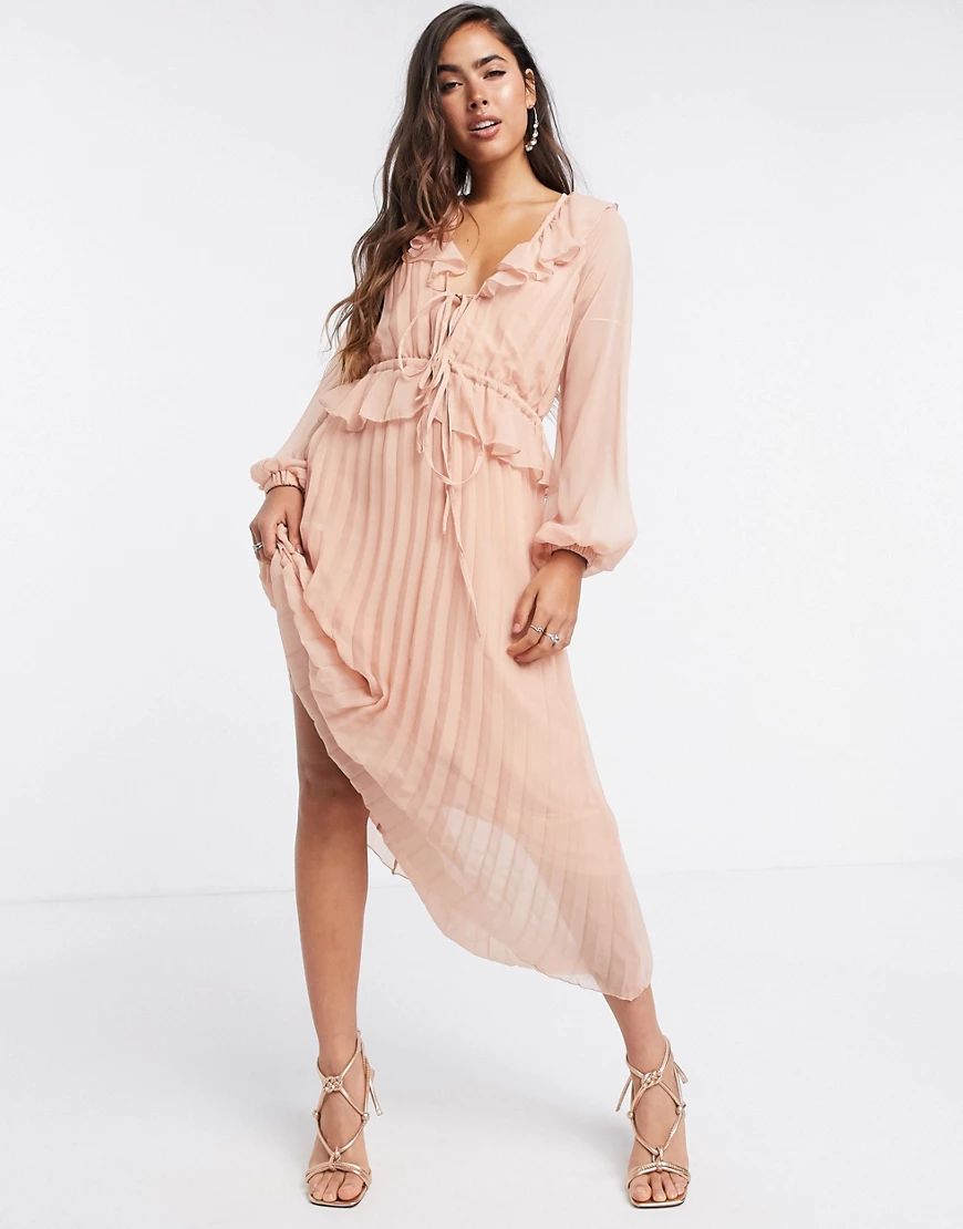 ASOS DESIGN soft pleated midi dress with drawstring waist and frills in blush-Pink | ASOS (Global)