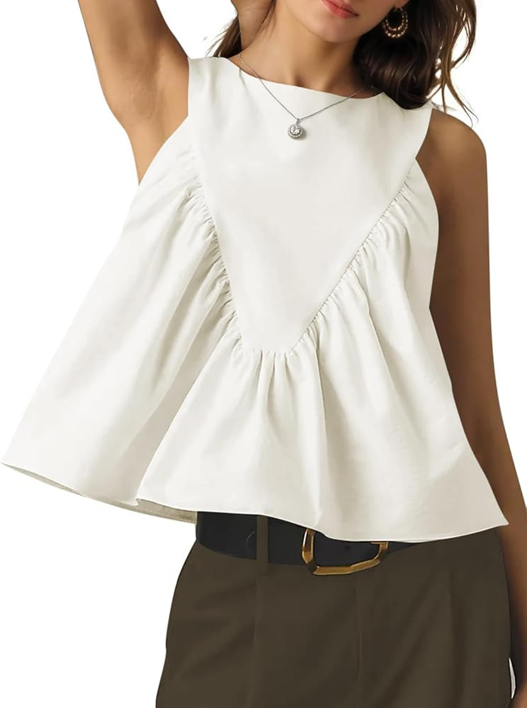 Womens Peplum Babydoll Tank Top Crewneck Sleeveless Shirred Swing Tops Summer Loose Fit Ruffled S... | Amazon (US)