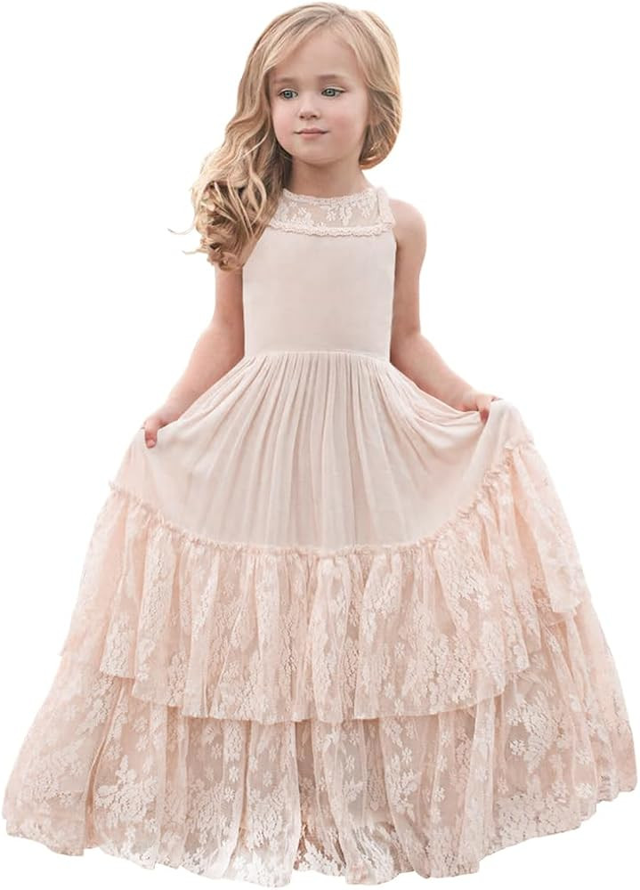 Boho Flower Girls Dresses Lace Embroidery Bridesmaid Dresses for Wedding Long Chiffon Party Dress... | Amazon (US)