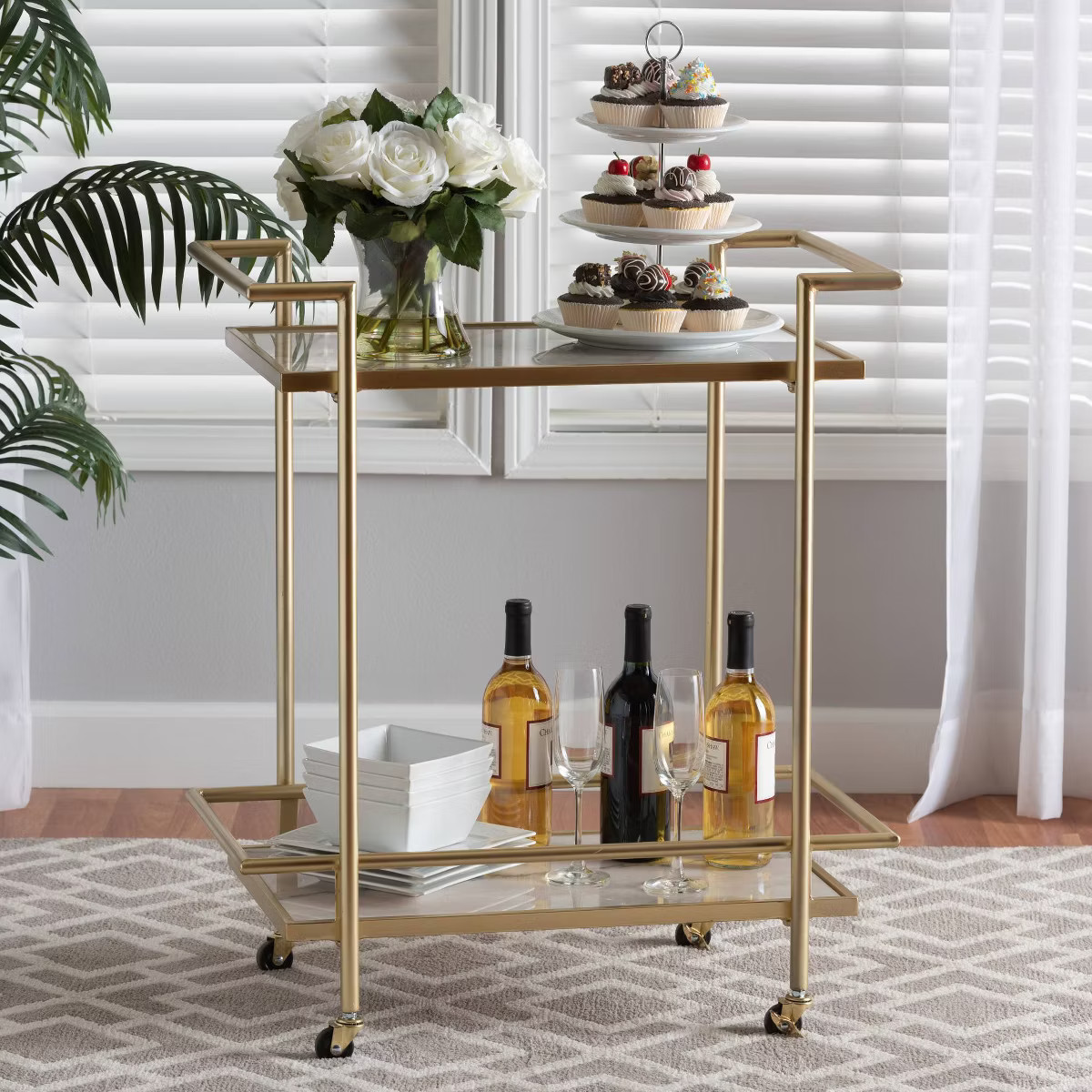 Louise Metal and Marble 2 Tier Wine Cart Gold/White Marble - Baxton Studio | Target