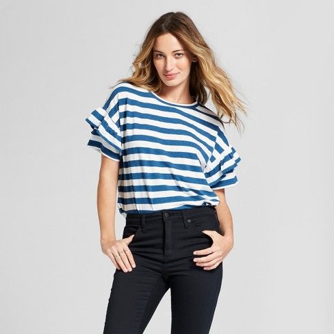 Women's Ruffle Sleeve Stripe T-Shirt - Universal Thread™ Blue/White Stripe | Target
