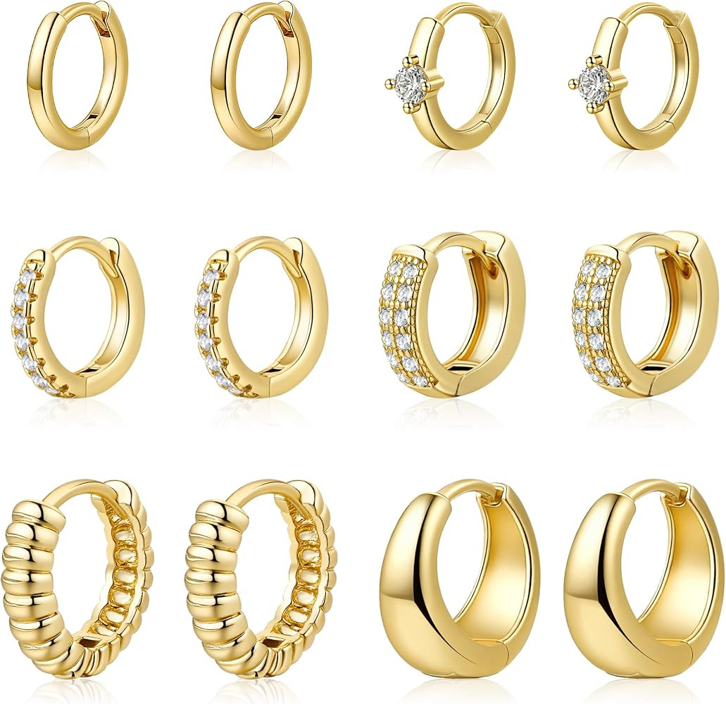 6 Pairs 14K Gold Plated Hoop Earrings for Women Hypoallergenic Small Huggie Hoops Earring Set for... | Amazon (US)