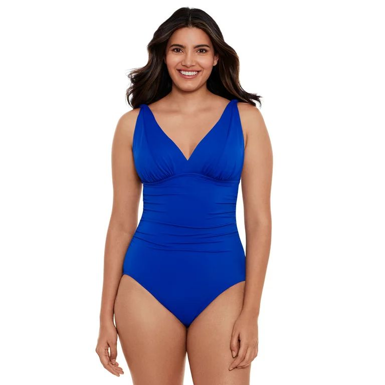 Time and Tru Women's and Plus Solid Plunge V-Neck Shirring One-Piece Swimsuit | Walmart (US)