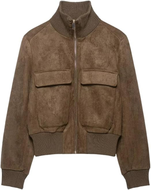 Womens Faux Suede Bomber Jacket High Collar Ribbed Trims Cropped Coat | Amazon (US)