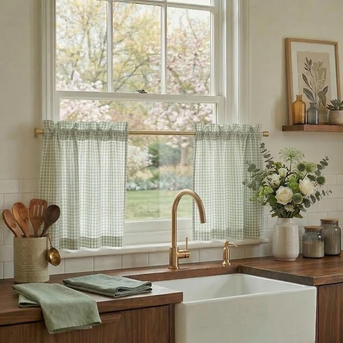 NICETOWN Sheer Sage Linen Gingham Print Cafe Curtains, 30\u00d724, 2 Panels | Amazon (US)