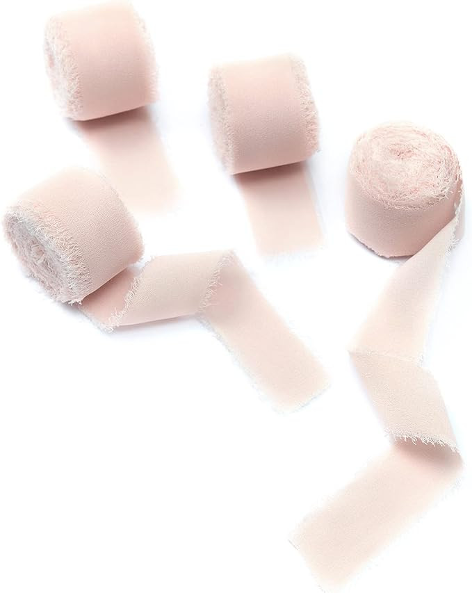 4 Rolls Blush Pink Handmade Fringe Chiffon Silk Ribbon 1" W x 5Yd Per Roll,Frayed Edges Ribbon Se... | Amazon (US)