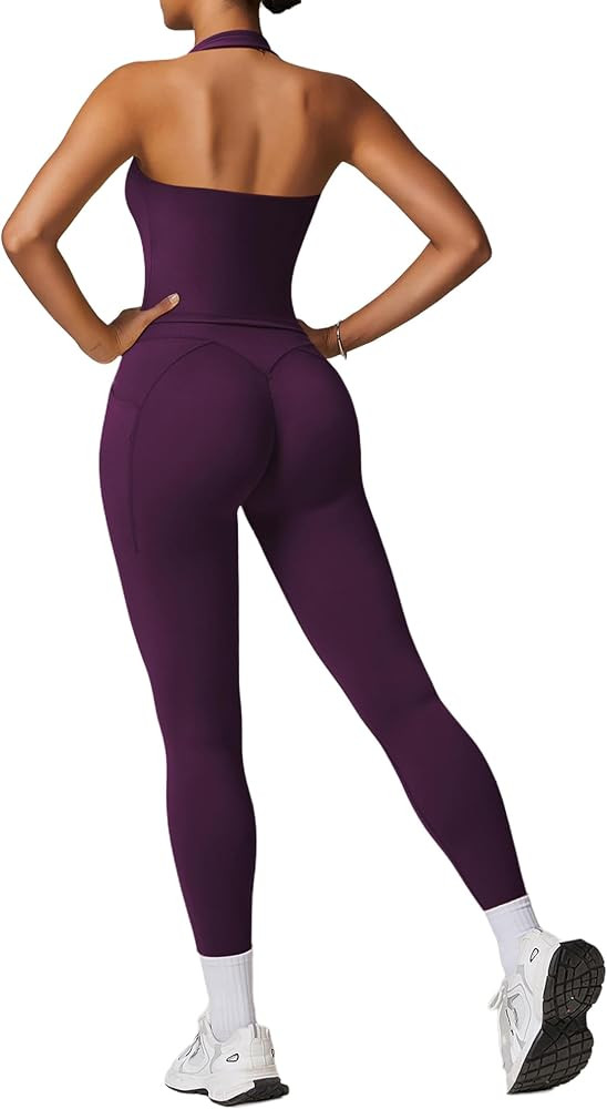 RXRXCOCO Open Back Workout Sets for Women 2 Piece Halter Tank Tops Hidden Scrunch Leggings Matchi... | Amazon (US)