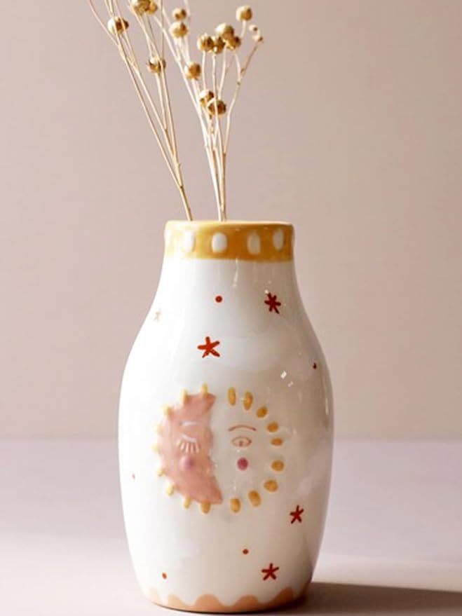 Unique Ceramic Vase, Cute Boho Decor, Small Cream Vase for Dried Flowers or Single Bud - Sun and ... | Amazon (US)