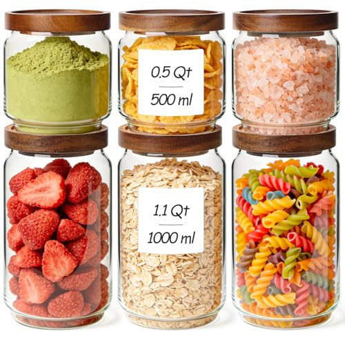 ComSaf 6PCS (1.1Qt/0.5Qt) Glass Pantry Storage Container with Acacia Wood Lid, Airtight Glass Canister with Stacked Design for Orderly Organizing, Glass Jar Organizing Dry Goods in Pantry & Cabinet | Amazon (US)