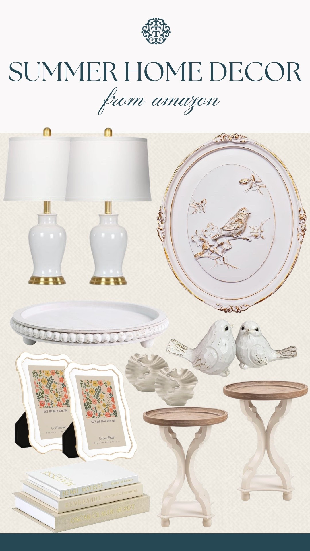 We picked some elegant summer home decor finds from Amazon, and we love the soft white, cream, and light wood tones throughout this collage. The bird artwork, scalloped frames, ceramic accents, and beaded tray make everything feel classic and timeless. These pieces would be perfect for brightening up a living room, entryway, or bedroom for summer.

#LTKSeasonal #LTKOver40 #LTKHome
