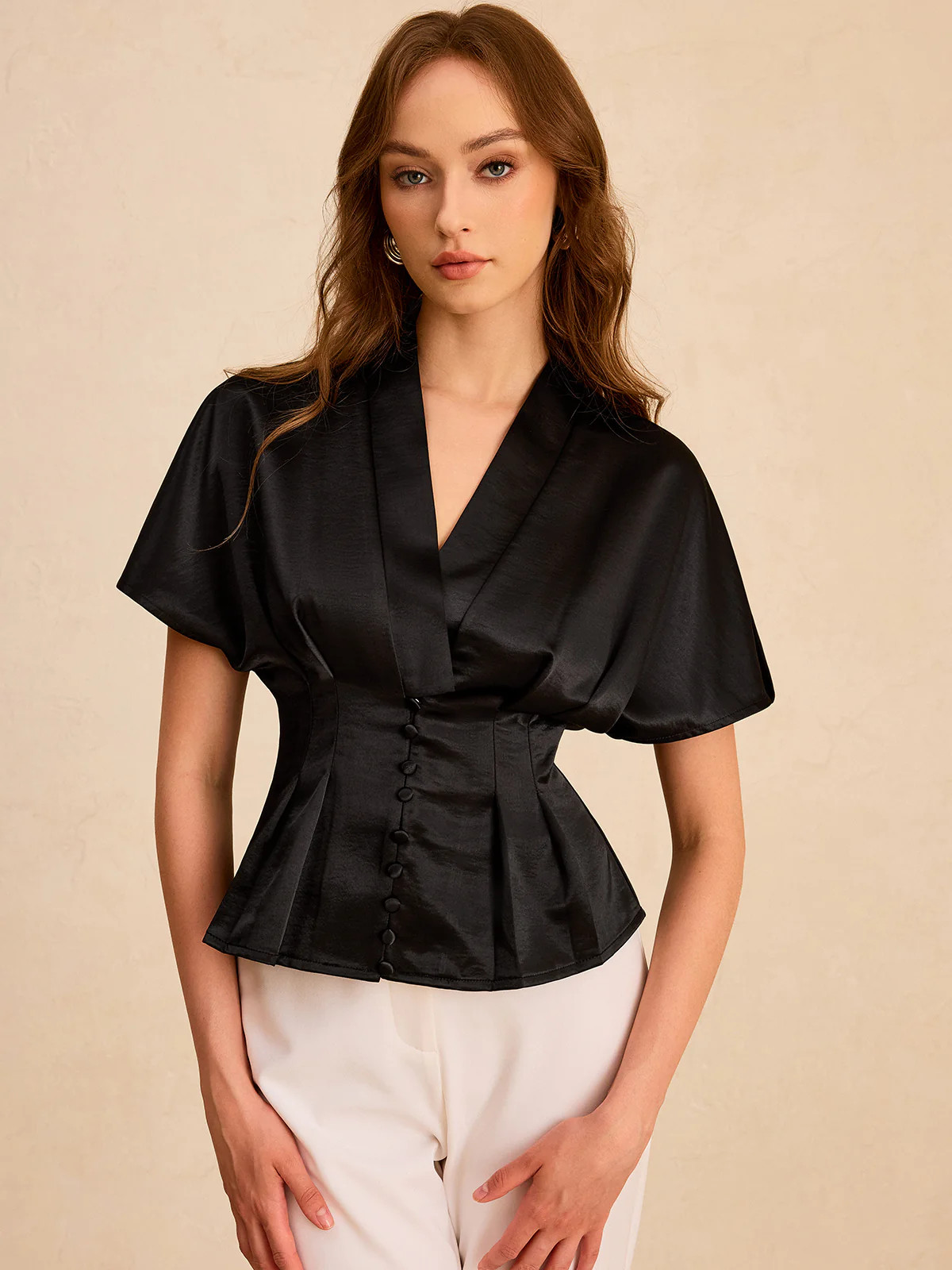 Satin Pleated Button Peplum Top | Commense