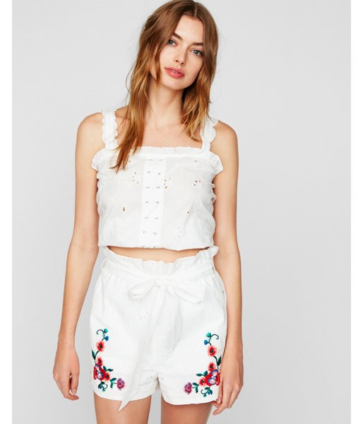 Express Womens Petite Lace-Up Eyelet Ruffle Tank | Express