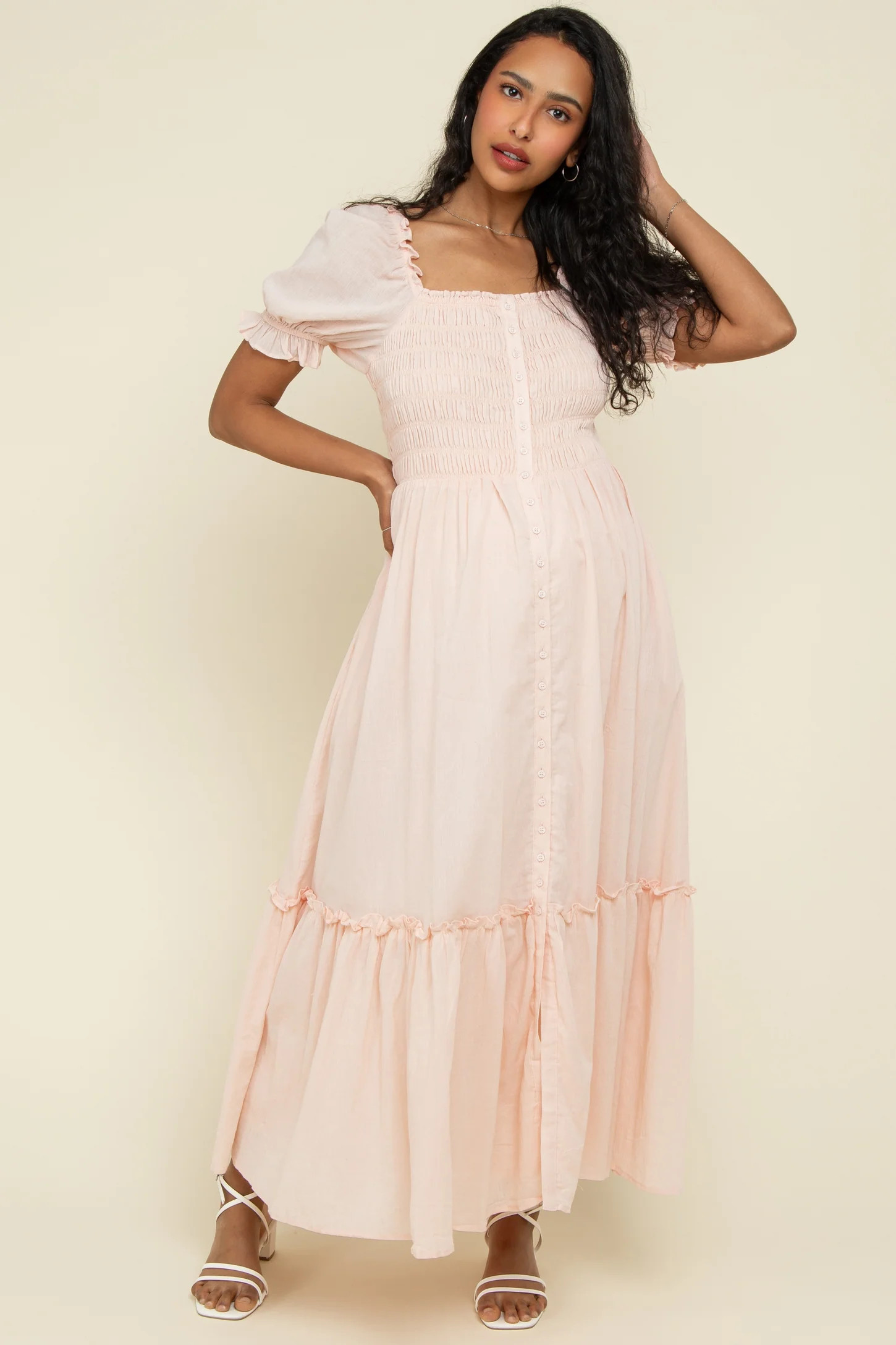 Light Pink Smocked Button Down Maternity Maxi Dress | PinkBlush Maternity