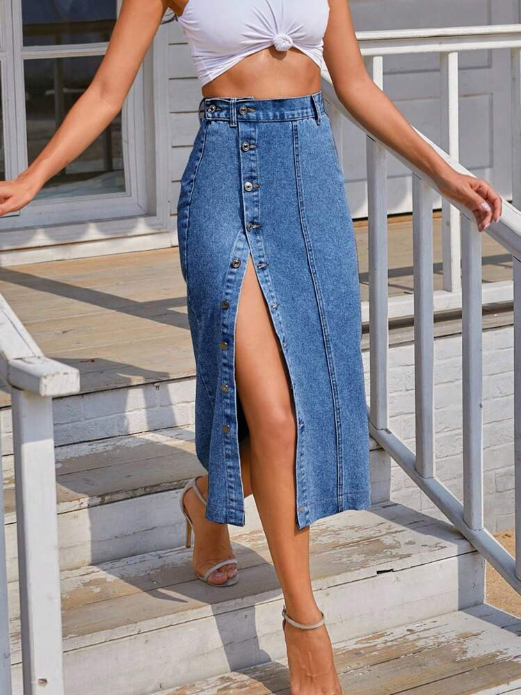 Selenza Button Front Denim Skirt | SHEIN