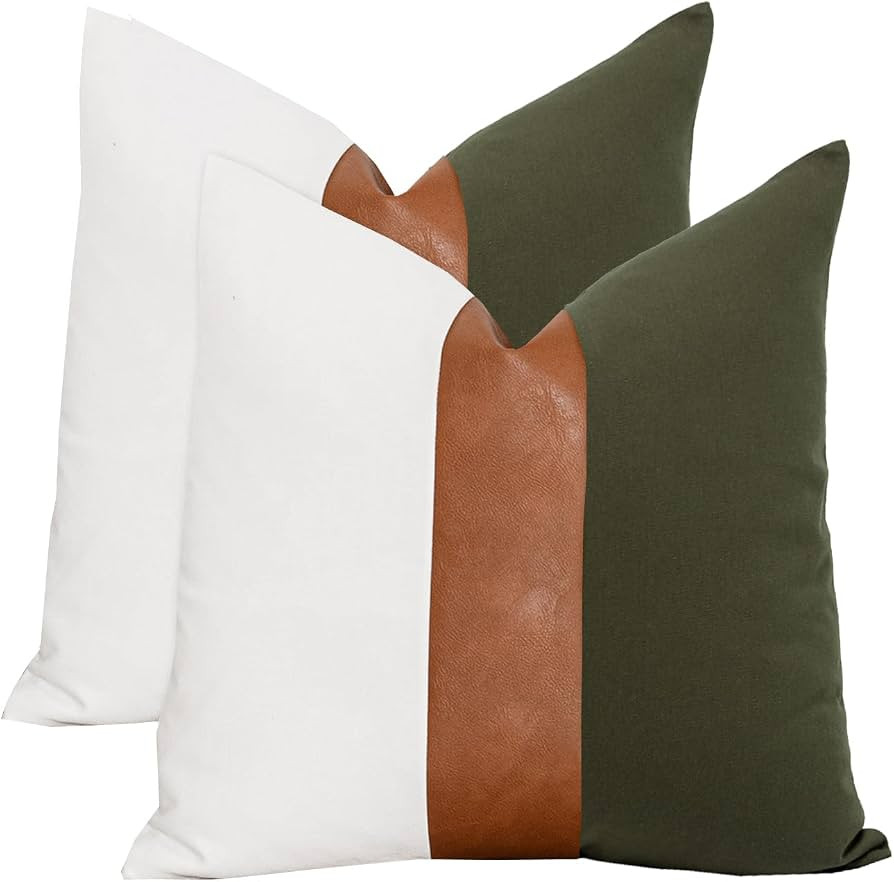 Set of 2 Farmhouse Cotton Throw Pillow Covers 18x18 Decorative Rustic Pillow Case Olive Green and... | Amazon (US)