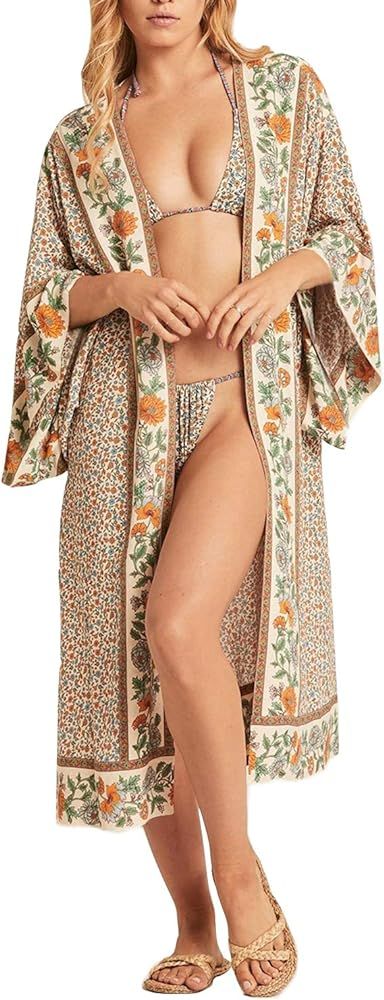 RanRui Kimono Swimsuit Cover ups Floral Print Long Sleeve Loose Open Front Cotton Even Kimonos (2... | Amazon (US)