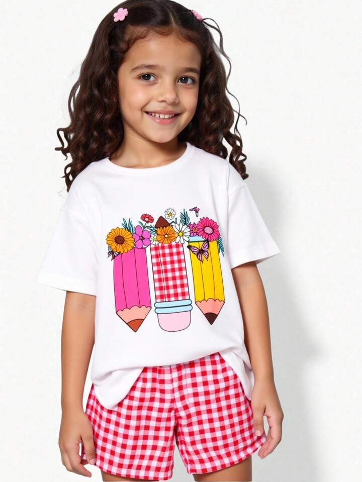 SHEIN 2pcs Back To School Girl (Small) Pencil Drawing Print White Short Sleeve Top And Comfortabl... | SHEIN