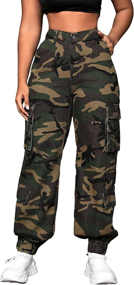 Floerns Women's Camo Print High Waist Wide Leg Cargo Jeans Denim Pants with Pockets | Amazon (US)