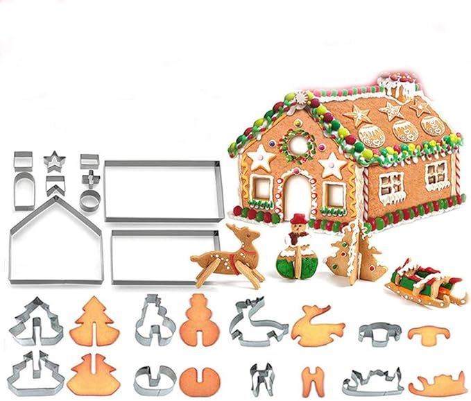 Newmemo Christmas Cookie Cutter Set 18pcs- 3D Stainless Steel Gingerbread House Cookie Cutter Kit... | Amazon (US)
