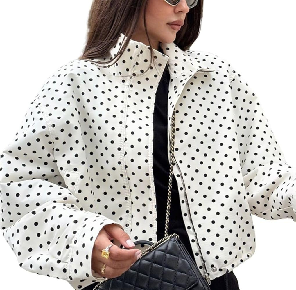 Women's Polka Dot Retro Jacket, Black and White, Classic Lapel, Zip Drawstring Hem,Black and Whit... | Amazon (UK)